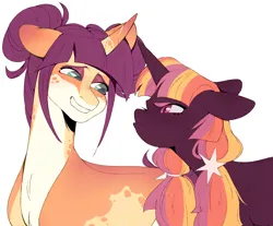 Size: 1280x1058 | Tagged: safe, artist:delzol, oc, oc:nova, oc:serenity, unofficial characters only, pony, unicorn, angry, awkward smile, bangs, coat markings, droopy ears, duo, duo female, female, hair bun, hairpin, image, jpeg, looking at each other, magical lesbian spawn, mare, offspring, parent:tempest shadow, parent:twilight sparkle, parents:tempestlight, pigtails, pouting, simple background, three toned mane, twintails, white background