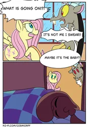 Size: 1640x2360 | Tagged: safe, artist:c0smicriff, derpibooru import, discord, fluttershy, draconequus, pegasus, pony, comic:a screwy reunion, g4, chocolate, chocolate rain, comic, female, food, image, male, mare, png, rain, sleeping