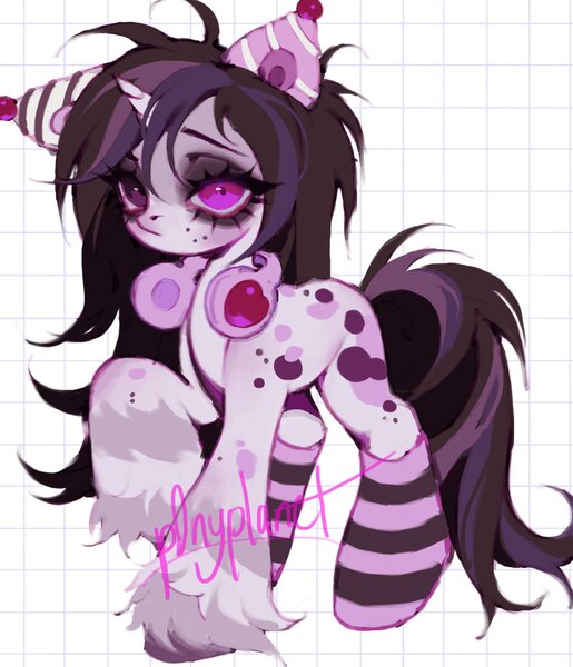 Size: 1757x2047 | Tagged: safe, artist:p0nyplanet, derpibooru import, oc, unofficial characters only, pony, adoptable, clothes, female, full body, headphones, image, jpeg, magenta eyes, mare, pink coat, raised hoof, socks, solo, spotted, striped socks