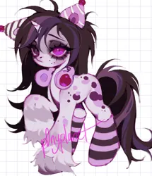 Size: 1757x2047 | Tagged: safe, artist:p0nyplanet, derpibooru import, oc, unofficial characters only, pony, adoptable, clothes, female, full body, headphones, image, jpeg, magenta eyes, mare, pink coat, raised hoof, socks, solo, spotted, striped socks