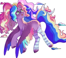 Size: 1280x1143 | Tagged: safe, artist:delzol, oc, oc:rainbow galaxy, unofficial characters only, pegasus, pony, clothes, colored hooves, colored wings, contest entry, ear piercing, earring, female, flying, glasses, hair accessory, image, jewelry, jpeg, looking up, multicolored wings, open smile, piercing, pigtails, simple background, solo, stockings, thigh highs, twintails, white background, wings