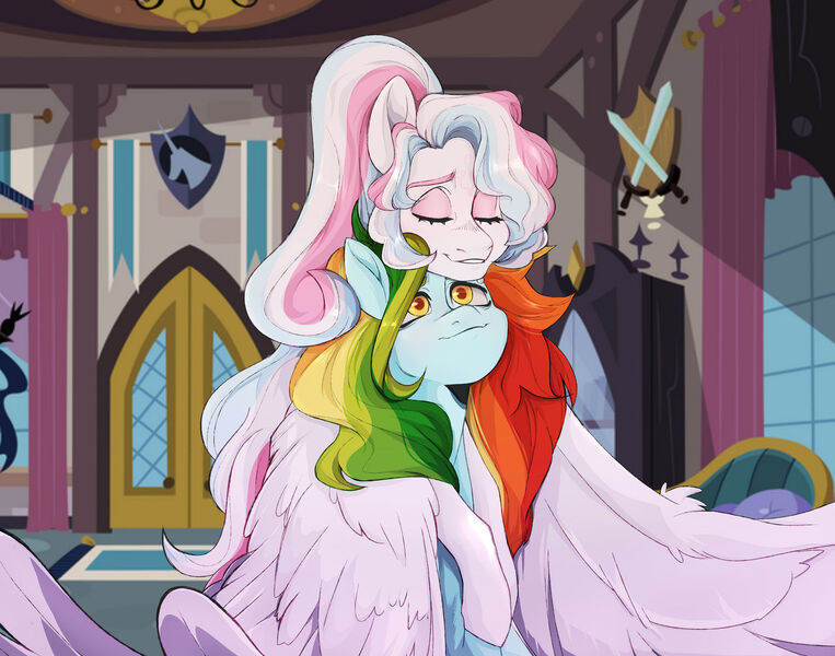 Size: 1280x1007 | Tagged: safe, artist:delzol, star catcher, oc, oc:maple, pegasus, pony, g3, duo, duo female, eyes closed, female, g3 to g4, generation leap, hug, hug from behind, image, implied lesbian, implied shipping, jpeg, looking at someone, offspring, parent:dumbbell, parent:princess cadance, parent:rainbow dash, parent:shining armor, parents:dumbdash, parents:shiningcadance, ponytail, screencap background, smiling, winghug, wings