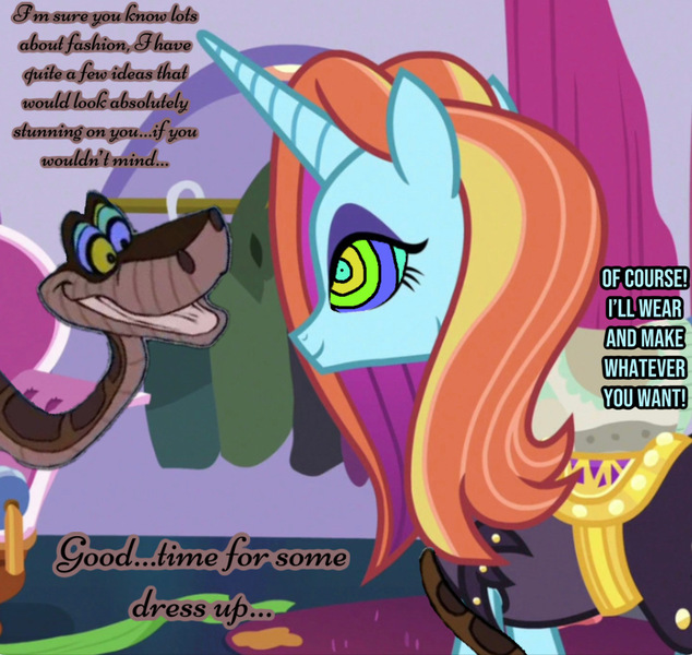 Size: 1101x1042 | Tagged: safe, artist:stopthedab10, derpibooru import, edit, edited screencap, screencap, sassy saddles, pony, snake, unicorn, canterlot boutique, g4, duo, eyeshadow, female, horn, hypno eyes, hypnosis, hypnotized, image, jpeg, kaa, kaa eyes, looking at each other, looking at someone, makeup, male, mare, shitposting, smiling, smiling at each other, snake tail, story included, tail