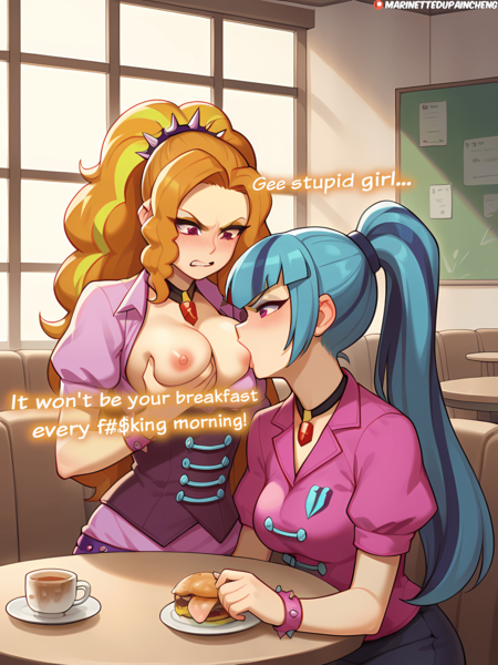 Size: 3072x4096 | Tagged: questionable, ai content, derpibooru import, machine learning generated, stable diffusion, adagio dazzle, sonata dusk, human, equestria girls, g4, areola, blushing, breasts, clothes, cup, dialogue, female, food, gem, gritted teeth, high res, humanized, image, nipples, nudity, partial nudity, png, prompter:marinette-du-pain-cheng, sandwich, siren gem, suckling, tea, teeth, topless