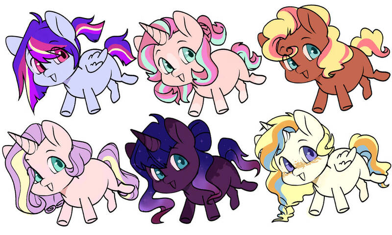 Size: 1153x693 | Tagged: safe, artist:delzol, oc, alicorn, earth pony, pegasus, pony, unicorn, adoptable, base used, chibi, image, jpeg, magical lesbian spawn, next generation, offspring, parent:applejack, parent:cheese sandwich, parent:fluttershy, parent:pinkie pie, parent:princess celestia, parent:princess luna, parent:rainbow dash, parent:rarity, parent:starlight glimmer, parent:sunburst, parent:tempest shadow, parent:twilight sparkle, parents:applelestia, parents:cheesepie, parents:flarity, parents:starburst, parents:tempestluna, parents:twidash, simple background, white background