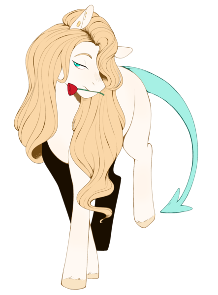 Size: 1024x1386 | Tagged: safe, artist:delzol, oc, oc:affliction de aspero, unofficial characters only, original species, pony, closed species, colored hooves, commission, devil tail, ear piercing, flower, image, long hair, male, mouth hold, piercing, png, rose, simple background, solo, stallion, transparent background