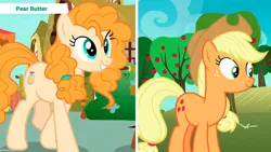 Size: 1192x670 | Tagged: episode needed, safe, derpibooru import, edit, edited screencap, screencap, applejack, pear butter, earth pony, pony, g4, applejack's hat, cowboy hat, duo, duo female, female, hat, image, jpeg, mother and child, mother and daughter