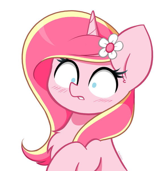 Size: 1280x1306 | Tagged: safe, artist:kittyrosie, derpibooru import, oc, oc:rosa flame, unofficial characters only, pony, unicorn, blushing, female, flower, flower in hair, horn, image, jpeg, mare, shrunken pupils, simple background, unicorn oc, white background