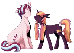 Size: 1024x734 | Tagged: safe, artist:delzol, oc, oc:serenity, unnamed oc, unofficial characters only, pony, unicorn, angry, duo, duo male and female, female, hairpin, image, looking at each other, magical lesbian spawn, male, mare, next generation, offspring, parent:starlight glimmer, parent:tempest shadow, parent:trixie, parent:twilight sparkle, parents:startrix, parents:tempestlight, pigtails, png, rivalry, simple background, sitting, snarling, stallion, standing, transparent background, twintails