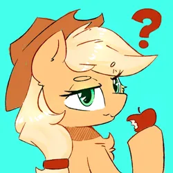 Size: 1000x1000 | Tagged: safe, artist:morningbullet, derpibooru import, applejack, earth pony, pony, g4, apple, eating, female, food, hat, image, jpeg, mare, question mark, simple background, solo