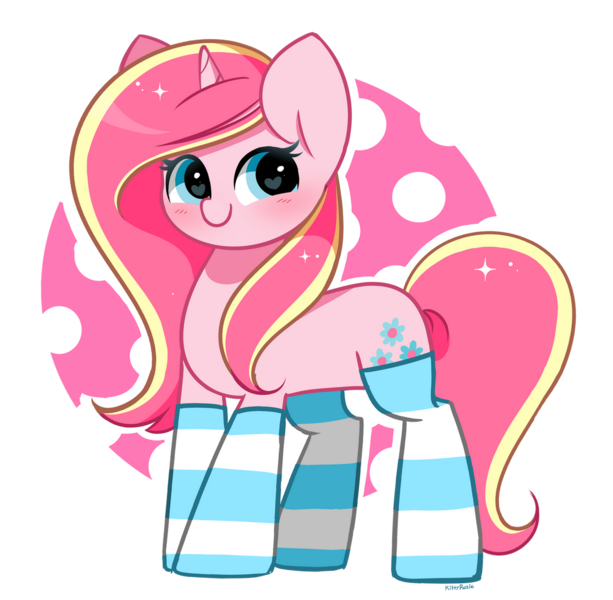 Size: 1280x1252 | Tagged: safe, artist:kittyrosie, derpibooru import, oc, oc:rosa flame, unofficial characters only, pony, unicorn, clothes, female, horn, image, mare, png, simple background, socks, solo, striped socks, transparent background, unicorn oc