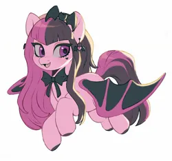 Size: 2048x1917 | Tagged: safe, artist:delzol, oc, ponified, unofficial characters only, bat pony, pony, bow, colored hooves, draculaura, ear piercing, earring, fangs, female, flying, headband, heart mark, image, jewelry, jpeg, looking to side, mare, monster high, piercing, simple background, solo, two toned mane, two toned wings, white background, wings