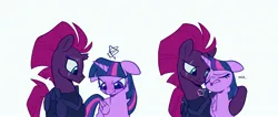 Size: 2048x868 | Tagged: safe, artist:delzol, tempest shadow, twilight sparkle, twilight sparkle (alicorn), alicorn, pony, unicorn, armor, broken horn, comforting, duo, duo female, female, hoof around neck, horn, image, jpeg, lesbian, mare, scar, shipping, simple background, stressed, tempestlight, white background