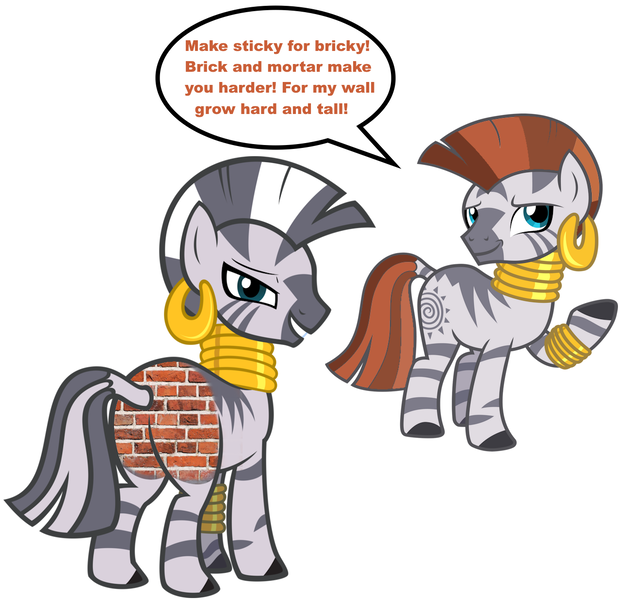 Size: 1303x1237 | Tagged: safe, artist:cloudy glow, artist:nabbiekitty, derpibooru import, edit, zecora, zebra, g4, blue eyes, bracelet, brick, brick booty, bricks, butt, dock, ear piercing, earring, female, forced meme, image, jewelry, lidded eyes, meme, neck rings, piercing, plot, png, seductive look, simple background, smiling, solo, solo female, speech bubble, stripes, tail, text, white background