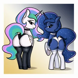 Size: 2440x2440 | Tagged: suggestive, artist:andelai, derpibooru import, princess celestia, princess luna, alicorn, pony, butt, choker, clothes, duo, female, image, jpeg, looking at you, looking back, looking back at you, mare, panties, plot, royal sisters, siblings, sisters, socks, stockings, thigh highs, underwear