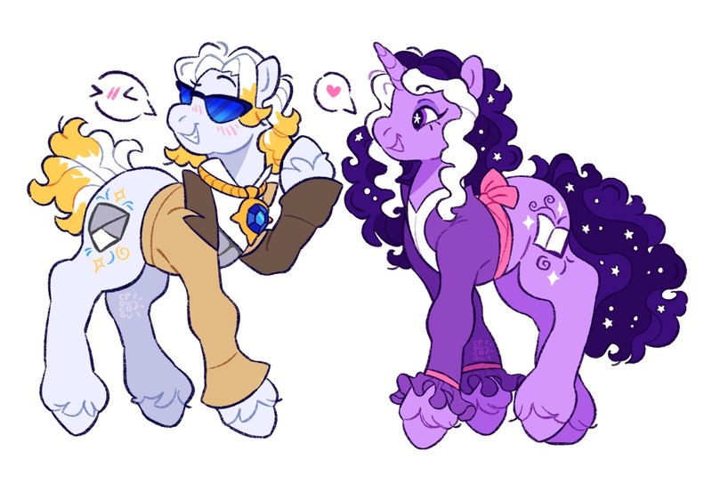 Size: 2846x1937 | Tagged: safe, artist:cocopudu, derpibooru import, oc, oc:aviva, ponified, unofficial characters only, pony, unicorn, blazer, blouse, blush lines, blushing, canon x oc, clothes, commission, couple, curly mane, curly tail, duo, duo male and female, ethereal mane, eyebrows, eyebrows visible through hair, eyeshadow, female, female oc, floating eyebrows, gordie (pokémon), horn, image, jacket, jewelry, jpeg, long sleeved shirt, long sleeves, looking at someone, looking away, makeup, male, mare oc, necklace, non-mlp shipping, open mouth, open smile, pictogram, pokémon, ponified oc, profile, purple coat, purple eyes, purple eyeshadow, raised eyebrow, raised hoof, sash, shirt, simple background, smiling, smiling at someone, spoken heart, standing, standing on three hooves, starry eyes, starry mane, starry tail, straight, sunglasses, tail, three quarter view, three toned mane, two toned mane, two toned tail, unicorn horn, unicorn oc, unshorn fetlocks, wall of tags, watermark, white background, white coat, wingding eyes