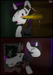 Size: 2000x2811 | Tagged: semi-grimdark, artist:cardshark777, derpibooru import, oc, oc:june buckshire, unofficial characters only, original species, shark, shark pony, unicorn, 2 panel comic, blood, box, broken, broken glass, bullet, clothes, comic, derpibooru exclusive, digital art, eyes closed, female, fish tail, gritted teeth, horn, image, injured, jumping, open mouth, png, shards, shark tail, solo, tail, teeth, torn clothes, two toned mane, window