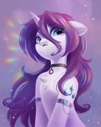 Size: 2400x3000 | Tagged: safe, artist:melodylibris, derpibooru import, rarity, pony, unicorn, g4, 3d cutie mark, abstract background, alternate hairstyle, alternative cutie mark placement, arm band, arm cuffs, blue eyes, blushing, chest fluff, choker, cute, cutie mark eyes, digital painting, draw this in your style, ear fluff, eye clipping through hair, eyebrows, eyebrows visible through hair, eyelashes, female, floppy ears, flowing mane, hair over face, halfbody, high res, horn, human shoulders, image, jewelry, jpeg, lineless, lipstick, long mane, looking at you, looking down, looking down at you, mare, purple lipstick, purple mane, raribetes, shiny mane, shoulder cutie mark, slender, solo, sparkles, sparkly background, thin, unicorn horn, wavy mane, white coat, wingding eyes