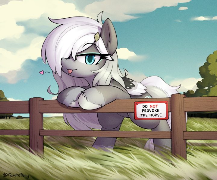 Size: 2705x2254 | Tagged: safe, artist:quotepony, derpibooru import, oc, oc:asbestos, unofficial characters only, pegasus, pony, :p, cloud, fence, grass, grass field, heart, image, leaning, long mane, looking at you, outdoors, png, scenery, sign, solo, text, tongue out, tree, unshorn fetlocks