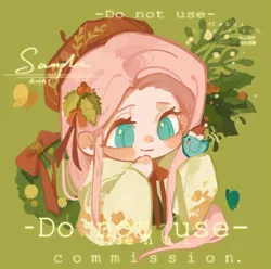 Size: 1080x1073 | Tagged: safe, artist:xinjinjumin718660644133, derpibooru import, fluttershy, bird, butterfly, human, insect, chibi, christmas, christmas wreath, commission, green background, hat, holiday, humanized, image, jpeg, sample, santa hat, simple background, solo, text, wreath