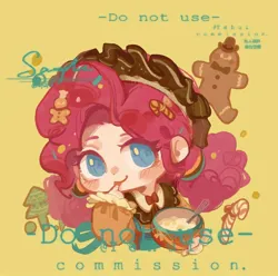 Size: 1080x1070 | Tagged: safe, artist:xinjinjumin718660644133, derpibooru import, pinkie pie, human, bowl, candy, candy cane, chibi, christmas, christmas tree, commission, food, gingerbread man, holiday, humanized, image, jpeg, licking, licking fingers, sample, simple background, solo, text, tongue out, tree, yellow background