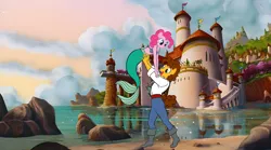 Size: 4000x2228 | Tagged: safe, artist:victheanimaldrawer, derpibooru import, cheese sandwich, pinkie pie, anthro, belt, boots, clothes, denim, high heel boots, image, jeans, pants, png, prince eric, shirt, shoes, solo, the little mermaid