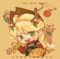 Size: 1080x1067 | Tagged: safe, artist:xinjinjumin718660644133, derpibooru import, applejack, deer, human, reindeer, antlers, apple, apple pie, bell, chibi, commission, food, humanized, image, jpeg, pie, reindeer antlers, sample, simple background, solo, text, yellow background