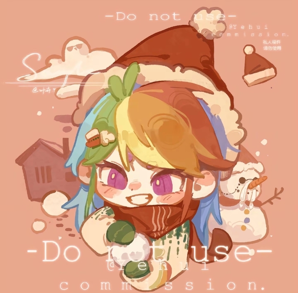 Size: 1080x1060 | Tagged: safe, artist:xinjinjumin718660644133, derpibooru import, rainbow dash, human, chibi, christmas, clothes, cloud, commission, grin, hat, holiday, humanized, image, jpeg, orange background, sample, santa hat, scarf, simple background, smiling, snow, snowman, solo, sweater, text