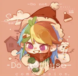 Size: 1080x1060 | Tagged: safe, artist:xinjinjumin718660644133, derpibooru import, rainbow dash, human, chibi, christmas, clothes, cloud, commission, grin, hat, holiday, humanized, image, jpeg, orange background, sample, santa hat, scarf, simple background, smiling, snow, snowman, solo, sweater, text