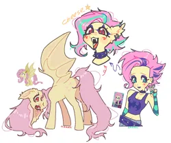 Size: 1236x1030 | Tagged: safe, artist:azaani, derpibooru import, fluttershy, bat pony, human, pony, equestria girls, g4, alternate hairstyle, bat ponified, blush scribble, blushing, butt, choker, clothes, eyeshadow, fangs, female, flutterbat, flutterbutt, flutterpunk, image, looking at you, looking back, looking back at you, makeup, mare, midriff, open mouth, open smile, pixel-crisp art, plot, png, punk, race swap, requested art, screencap reference, signature, simple background, smiling, smiling at you, solo, spread wings, striped arm warmers, studded choker, tanktop, tongue out, white background, wings