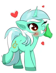 Size: 1387x1805 | Tagged: safe, artist:scandianon, derpibooru import, lyra heartstrings, oc, oc:anon, pony, unicorn, blush scribble, blushing, caress, dilated pupils, female, happy, heart, horn, image, implied human, looking up, mare, one eye closed, petting, png, raised leg, simple background, smiling, white background