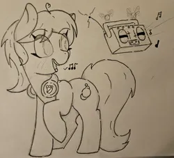 Size: 3302x3000 | Tagged: safe, artist:gean, derpibooru import, lemon zest, ponified, parasprite, pony, equestria girls, g4, boombox, cutie mark, emanata, headphones, image, jpeg, music notes, traditional art