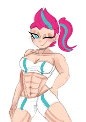 Size: 1240x1754 | Tagged: safe, artist:jully-park, derpibooru import, zipp storm, human, g5, abs, breasts, female, humanized, image, jpeg, light skin, looking at you, midriff, muscles, muscular female, one eye closed, ripped zipp, solo, wink, winking at you