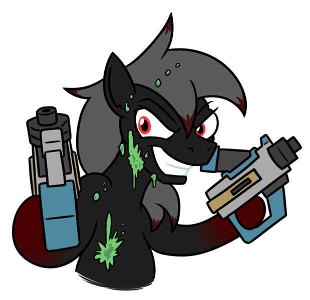 Size: 742x719 | Tagged: semi-grimdark, artist:jargon scott, derpibooru import, oc, oc:blood stain, earth pony, blood, commission, covered in blood, deep rock galactic, dual wield, green blood, gun, image, manic grin, png, weapon