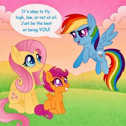 Size: 1500x1500 | Tagged: safe, artist:faelingmagic, derpibooru import, fluttershy, rainbow dash, scootaloo, pegasus, pony, g4, female, filly, foal, image, jpeg, mare, positive message, positive ponies, speech bubble