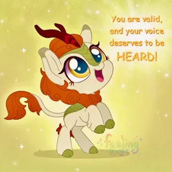 Size: 1500x1500 | Tagged: safe, artist:faelingmagic, derpibooru import, autumn blaze, kirin, g4, female, image, jpeg, open mouth, positive message, positive ponies, solo