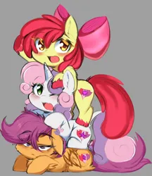 Size: 3546x4096 | Tagged: safe, artist:heavymetalpapi, artist:papilrux, derpibooru import, apple bloom, scootaloo, sweetie belle, earth pony, pegasus, pony, unicorn, g4, apple bloom's bow, blushing, bow, cutie mark, cutie mark crusaders, eyebrows, eyebrows visible through hair, female, filly, foal, gray background, hair bow, high res, horn, image, one eye closed, open mouth, png, pony pile, scootaloo is not amused, simple background, tail, the cmc's cutie marks, trio, trio female, unamused, wings