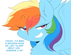 Size: 3756x2897 | Tagged: safe, artist:heavymetalpapi, artist:papilrux, derpibooru import, rainbow dash, pegasus, pony, g4, chest fluff, ear fluff, eye clipping through hair, eyebrows, eyebrows visible through hair, female, grin, high res, image, looking at you, mare, png, rainbow dash being rainbow dash, simple background, smiling, smiling at you, smirk, solo, spread wings, talking to viewer, white background, wings