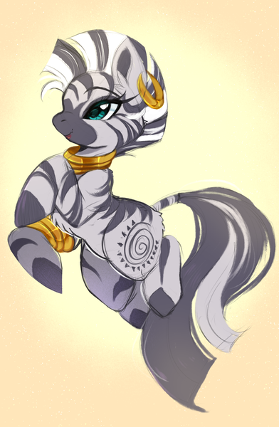 Size: 2674x4096 | Tagged: safe, artist:heavymetalpapi, artist:papilrux, derpibooru import, zecora, pony, zebra, g4, chest fluff, ear fluff, ear piercing, earring, female, gradient background, high res, image, jewelry, mare, necklace, open mouth, open smile, piercing, png, raised hoof, raised leg, simple background, smiling, solo, yellow background