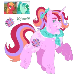 Size: 1822x1842 | Tagged: safe, artist:fizzmitz, derpibooru import, big macintosh, rarity, oc, oc:patchwork, earth pony, pony, unicorn, alternate design, cloven hooves, female, glasses, grin, hair tie, hoof fluff, horn, image, male, mare, no sclera, offspring, parent:big macintosh, parent:rarity, parents:rarimac, png, ponytail, screencap reference, shawl, ship:rarimac, shipping, simple background, smiling, stallion, standing on two hooves, straight, transparent background, unmoving plaid