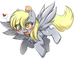 Size: 4804x3824 | Tagged: safe, artist:papilrux, derpibooru import, derpy hooves, pegasus, pony, g4, absurd resolution, blushing, cute, derp, derpabetes, female, flying, food, heart, image, mare, muffin, open mouth, pictogram, png, simple background, solo, speech bubble, spread wings, tail, white background, wings