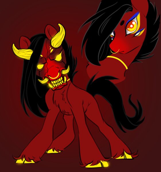 Size: 3832x4096 | Tagged: safe, artist:opalacorn, derpibooru import, oc, unofficial characters only, demon, demon pony, oni, original species, pony, chest fluff, cloven hooves, colored pupils, gradient background, horns, image, jpeg, male, nose piercing, nose ring, oni pony, piercing, solo, stallion, tusk