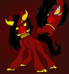 Size: 3832x4096 | Tagged: safe, artist:opalacorn, derpibooru import, oc, unofficial characters only, demon, demon pony, oni, original species, pony, chest fluff, cloven hooves, colored pupils, gradient background, horns, image, jpeg, male, nose piercing, nose ring, oni pony, piercing, solo, stallion, tusk