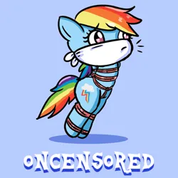 Size: 1280x1280 | Tagged: suggestive, artist:oncensored, derpibooru import, part of a set, rainbow dash, pegasus, semi-anthro, g4, arm behind back, bipedal, blue background, bondage, bound and gagged, bound ankles, chibi, cloth gag, crotch rope, cute, damsel in distress, female, fetish, gag, image, jpeg, looking offscreen, over the nose gag, rope, rope bondage, shadow, simple background, solo, solo female, standing, tied up, wingless