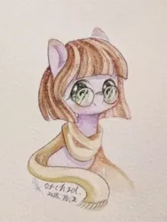 Size: 2000x2658 | Tagged: safe, artist:orchidlanlan738, derpibooru import, oc, unofficial characters only, pony, brown hair, bust, cute, glasses, green eyes, image, jpeg, ocbetes, portrait, smiling, solo, traditional art