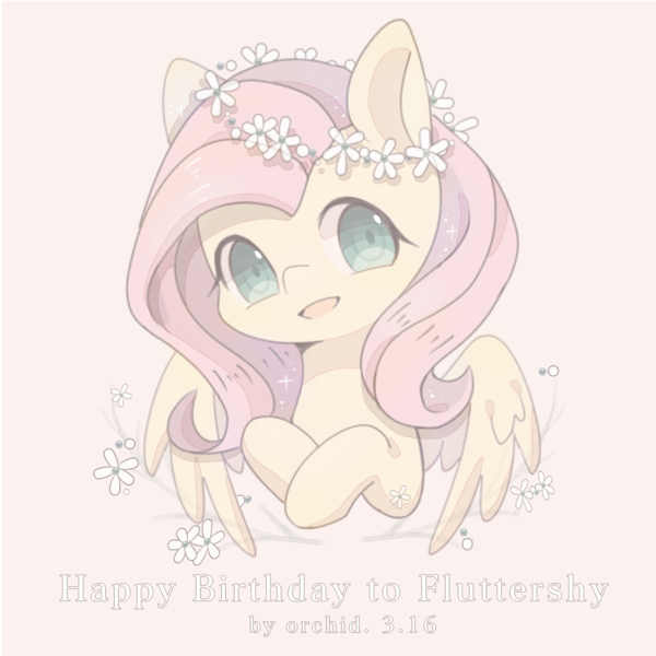 Size: 2000x2000 | Tagged: safe, artist:orchidlanlan738, derpibooru import, fluttershy, pegasus, pony, g4, bust, cute, female, floral head wreath, flower, happy birthday, image, mare, open mouth, open smile, pink mane, png, shyabetes, smiling, solo, yellow coat