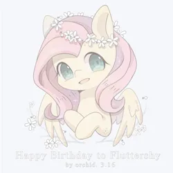 Size: 2000x2000 | Tagged: safe, artist:orchidlanlan738, derpibooru import, fluttershy, pegasus, pony, g4, bust, cute, female, floral head wreath, flower, happy birthday, image, mare, open mouth, open smile, pink mane, png, shyabetes, smiling, solo, yellow coat