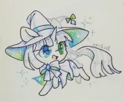 Size: 2418x2000 | Tagged: safe, artist:orchidlanlan738, derpibooru import, oc, unofficial characters only, pony, unicorn, chibi, cute, hat, horn, image, jpeg, ocbetes, open mouth, open smile, smiling, solo, traditional art, unicorn oc, witch, witch hat