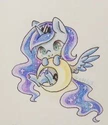 Size: 2000x2307 | Tagged: safe, artist:orchidlanlan738, derpibooru import, princess luna, alicorn, pony, chibi, cute, image, jpeg, lunabetes, moon, smiling, solo, traditional art