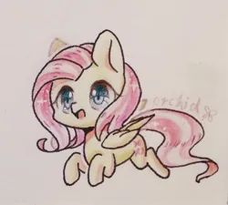 Size: 2210x1993 | Tagged: safe, artist:orchidlanlan738, derpibooru import, fluttershy, pegasus, pony, cute, image, jpeg, open mouth, open smile, pink mane, shyabetes, smiling, solo, traditional art, yellow coat